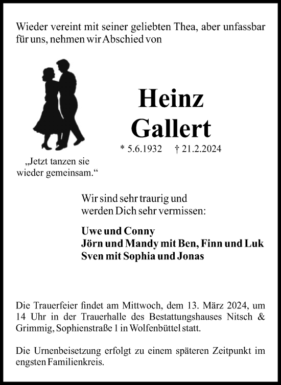 Traueranzeige von Heinz Gallert von Wolfenbütteler Zeitung