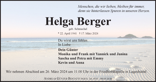 Traueranzeige von Helga Berger von Braunschweiger Zeitung