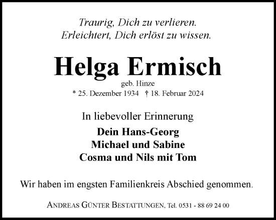 Traueranzeige von Helga Ermisch von Braunschweiger Zeitung