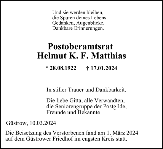 Traueranzeige von Helmut K. F. Matthias von Braunschweiger Zeitung