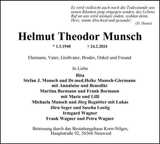 Traueranzeige von Helmut Theodor Munsch von Braunschweiger Zeitung