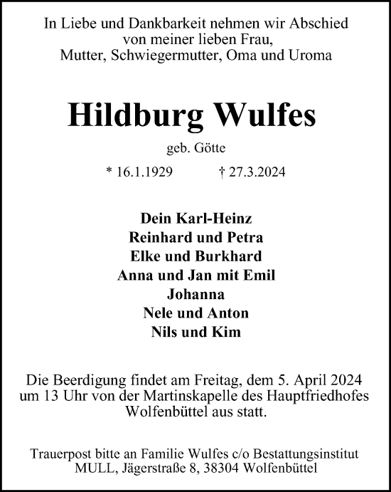 Traueranzeige von Hildburg Wulfes von Wolfenbütteler Zeitung