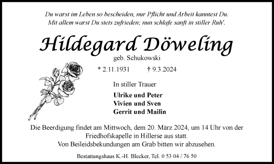 Traueranzeige von Hildegard Döweling von Wolfsburger Nachrichten