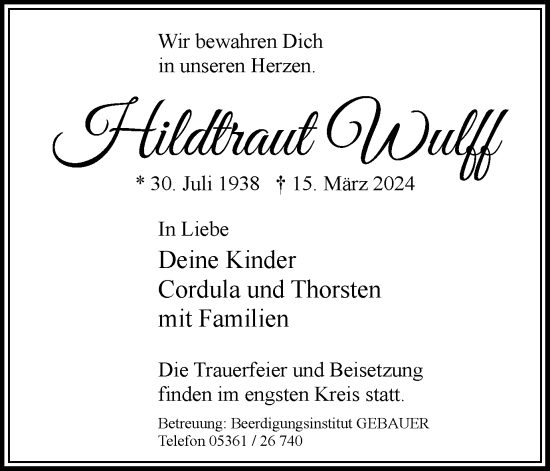 Traueranzeige von Hildtraut Wulff von Wolfsburger Nachrichten