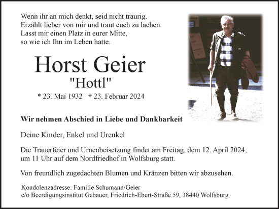 Traueranzeige von Horst Geier von Wolfsburger Nachrichten