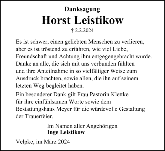 Traueranzeige von Horst Leistikow von Wolfsburger Nachrichten