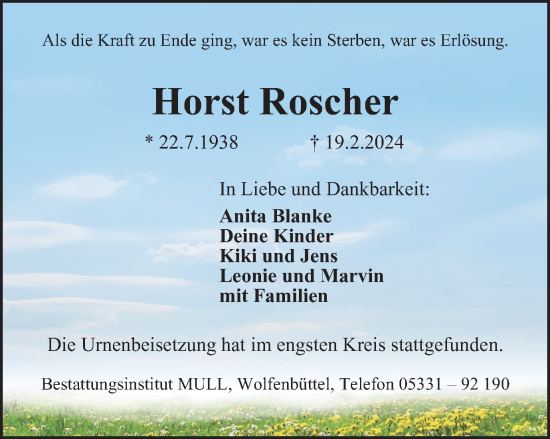 Traueranzeige von Horst Roscher von Braunschweiger Zeitung