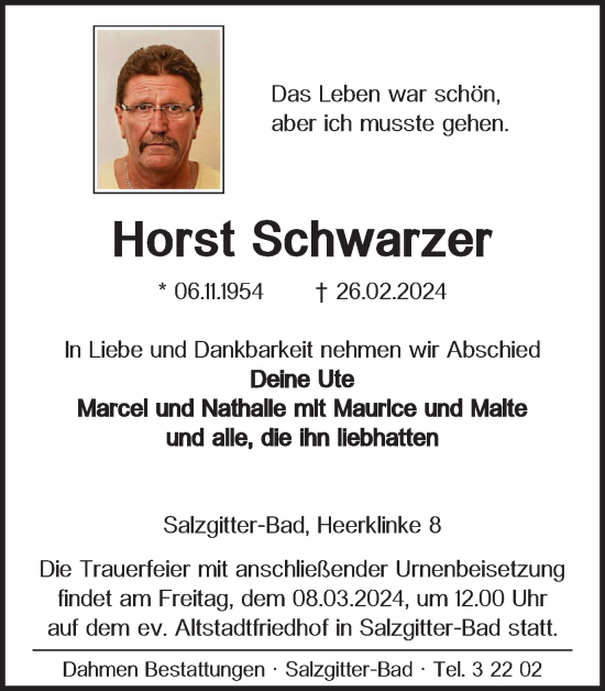 Traueranzeige von Horst Schwarzer von Salzgitter-Zeitung