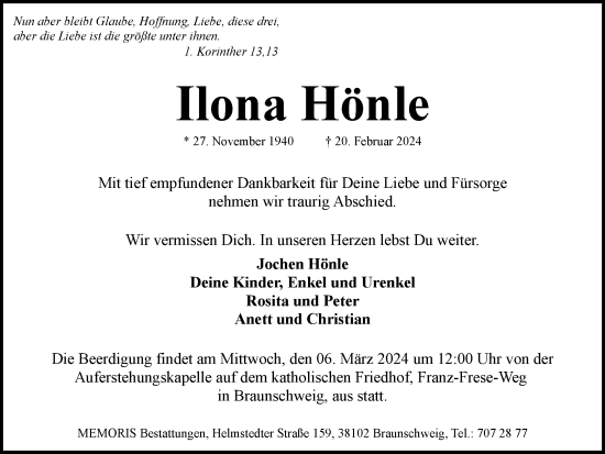 Traueranzeige von Ilona Hönle von Braunschweiger Zeitung