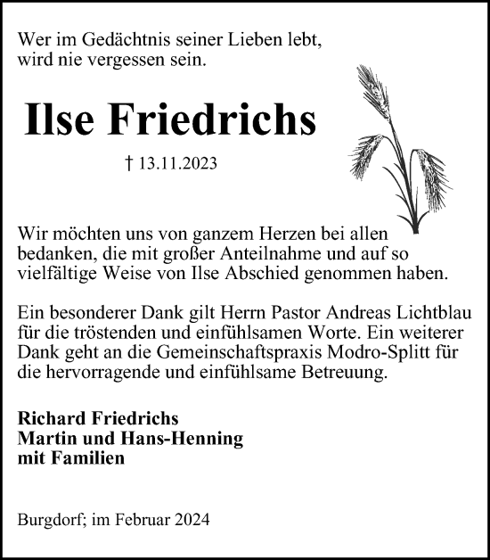 Traueranzeige von Ilse Friedrichs von Salzgitter-Zeitung