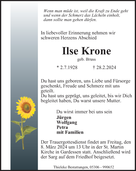 Traueranzeige von Ilse Krone von Wolfenbütteler Zeitung