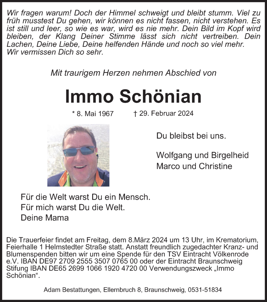  Traueranzeige für Immo Schönian vom 05.03.2024 aus Braunschweiger Zeitung