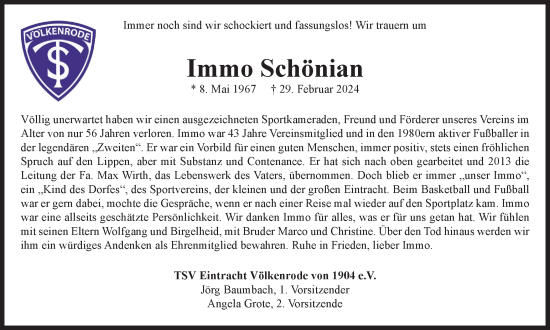 Traueranzeige von Immo Schönian von Braunschweiger Zeitung