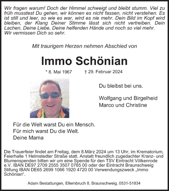 Traueranzeige von Immo Schönian von Braunschweiger Zeitung