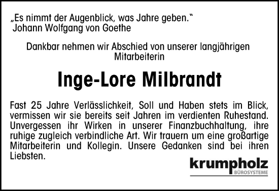 Traueranzeige von Inge-Lore Milbrandt von Braunschweiger Zeitung