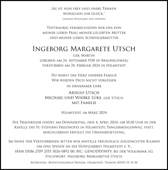 Traueranzeige von Ingeborg Margarete Utsch von Helmstedter Nachrichten