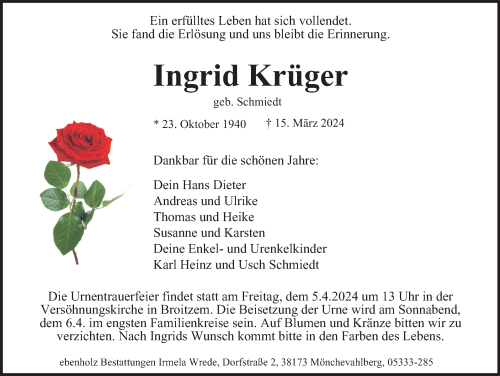  Traueranzeige für Ingrid Krüger vom 23.03.2024 aus Braunschweiger Zeitung