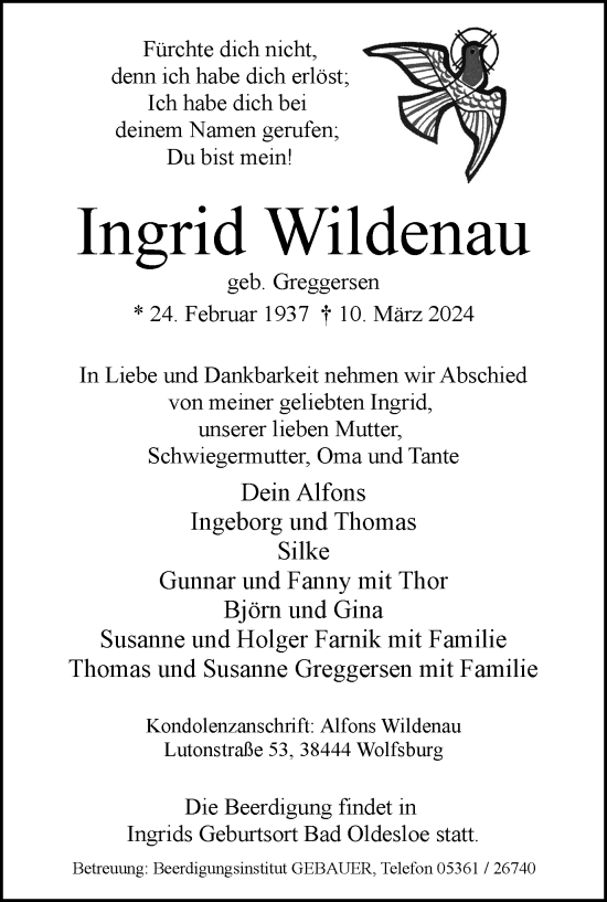 Traueranzeige von Ingrid Wildenau von Wolfsburger Nachrichten