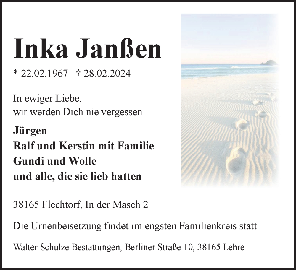  Traueranzeige für Inka Janßen vom 09.03.2024 aus Helmstedter Nachrichten