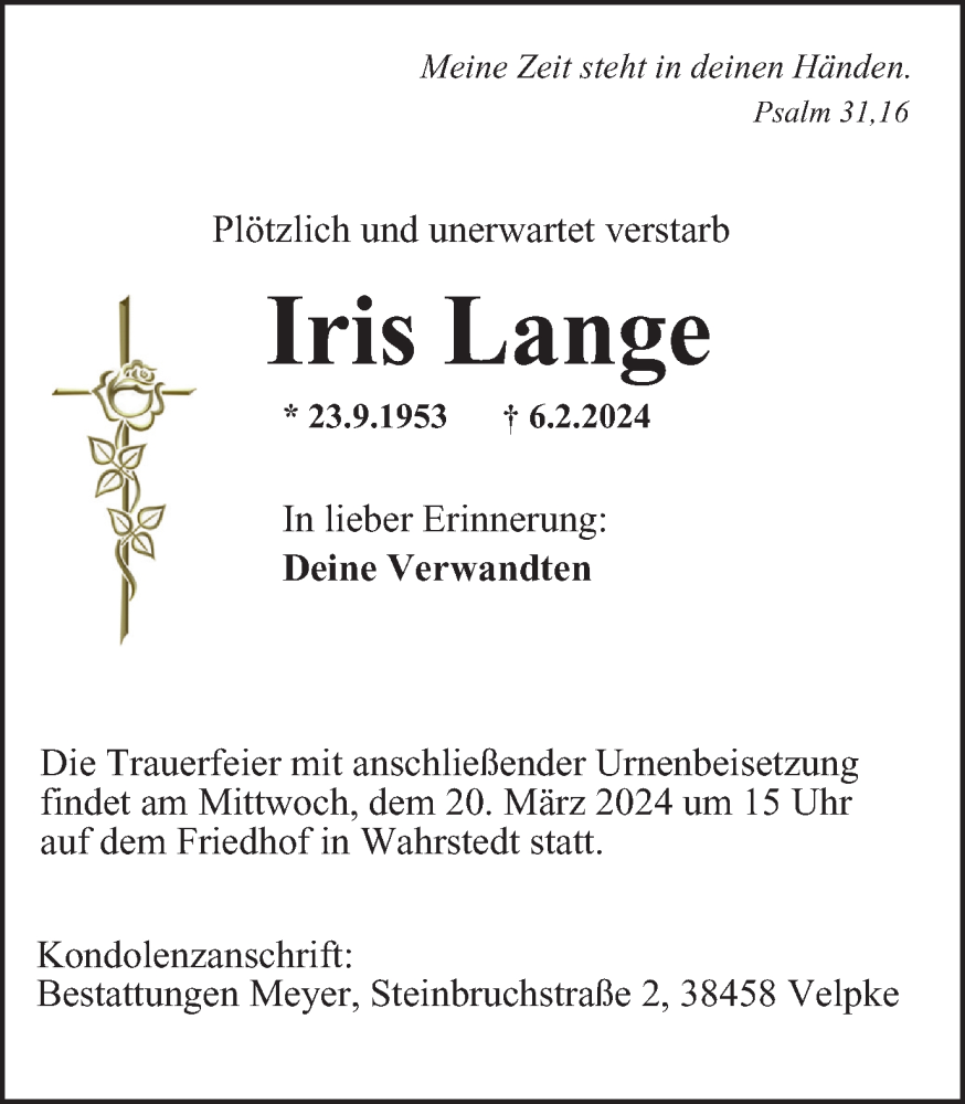  Traueranzeige für Iris Lange vom 09.03.2024 aus Wolfsburger Nachrichten