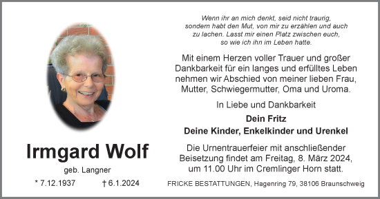 Traueranzeige von Irmgard Wolf von Braunschweiger Zeitung