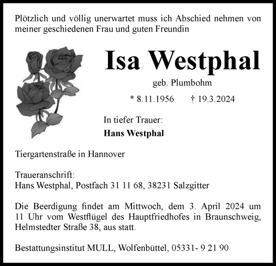 Traueranzeige von Isa Westphal von Neue Braunschweiger am Samstag