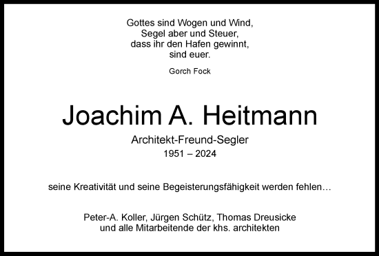 Traueranzeige von Joachim Heitmann von Wolfsburger Nachrichten