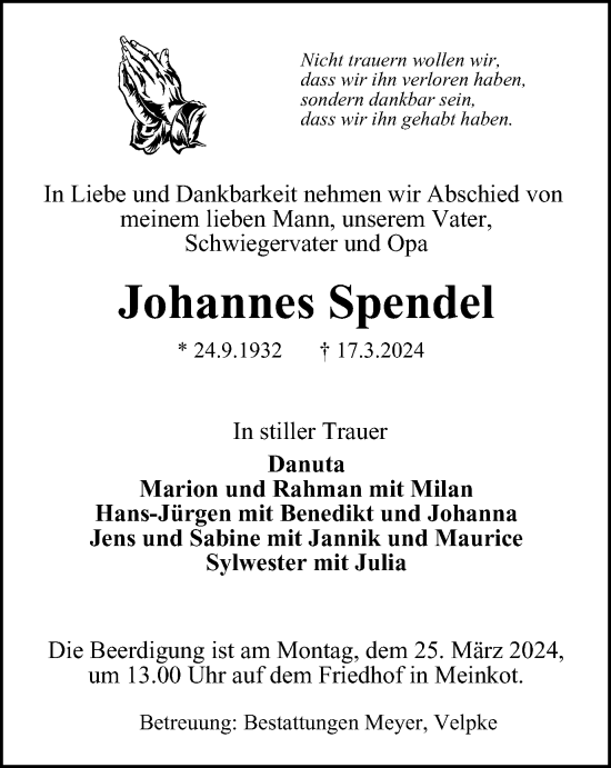 Traueranzeige von Johannes Spendel von Wolfsburger Nachrichten