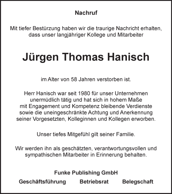 Traueranzeige von Jürgen Thomas Hanisch von Braunschweiger Zeitung