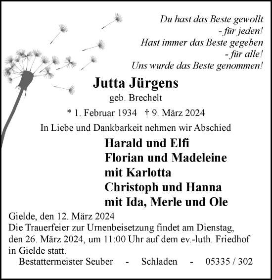 Traueranzeige von Jutta Jürgens von Wolfenbütteler Zeitung