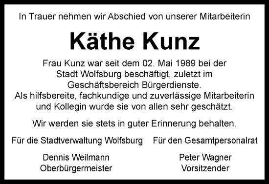 Traueranzeige von Käthe Kunz von Wolfsburger Nachrichten