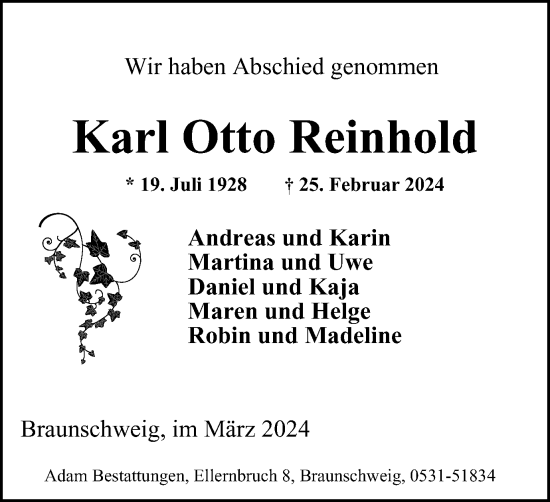 Traueranzeige von Karl Otto Reinhold von Braunschweiger Zeitung