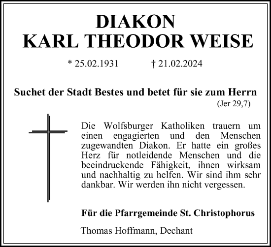 Traueranzeige von Karl Theodor Weise von Wolfsburger Nachrichten