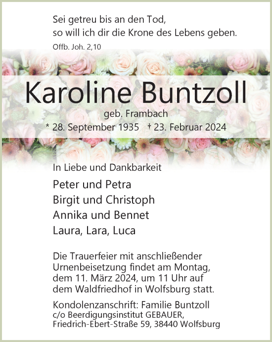 Traueranzeige von Karoline Buntzoll von Wolfsburger Nachrichten