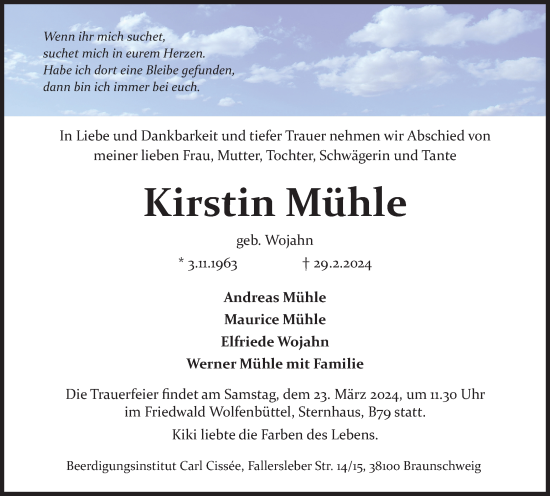 Traueranzeige von Kirstin Mühle von Braunschweiger Zeitung