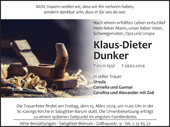 Traueranzeige von Klaus-Dieter Dunker von Salzgitter-Zeitung