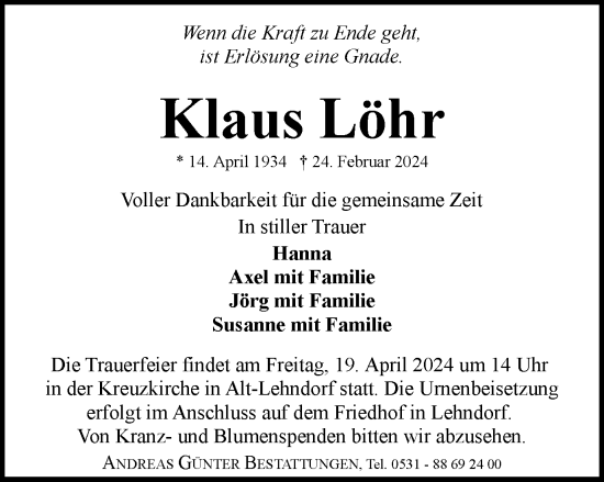 Traueranzeige von Klaus Löhr von Braunschweiger Zeitung