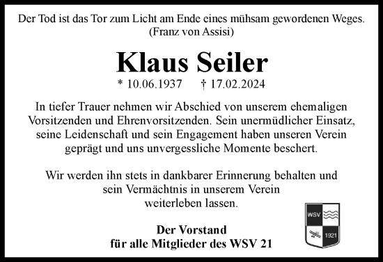 Traueranzeige von Klaus Seiler von Wolfenbütteler Zeitung