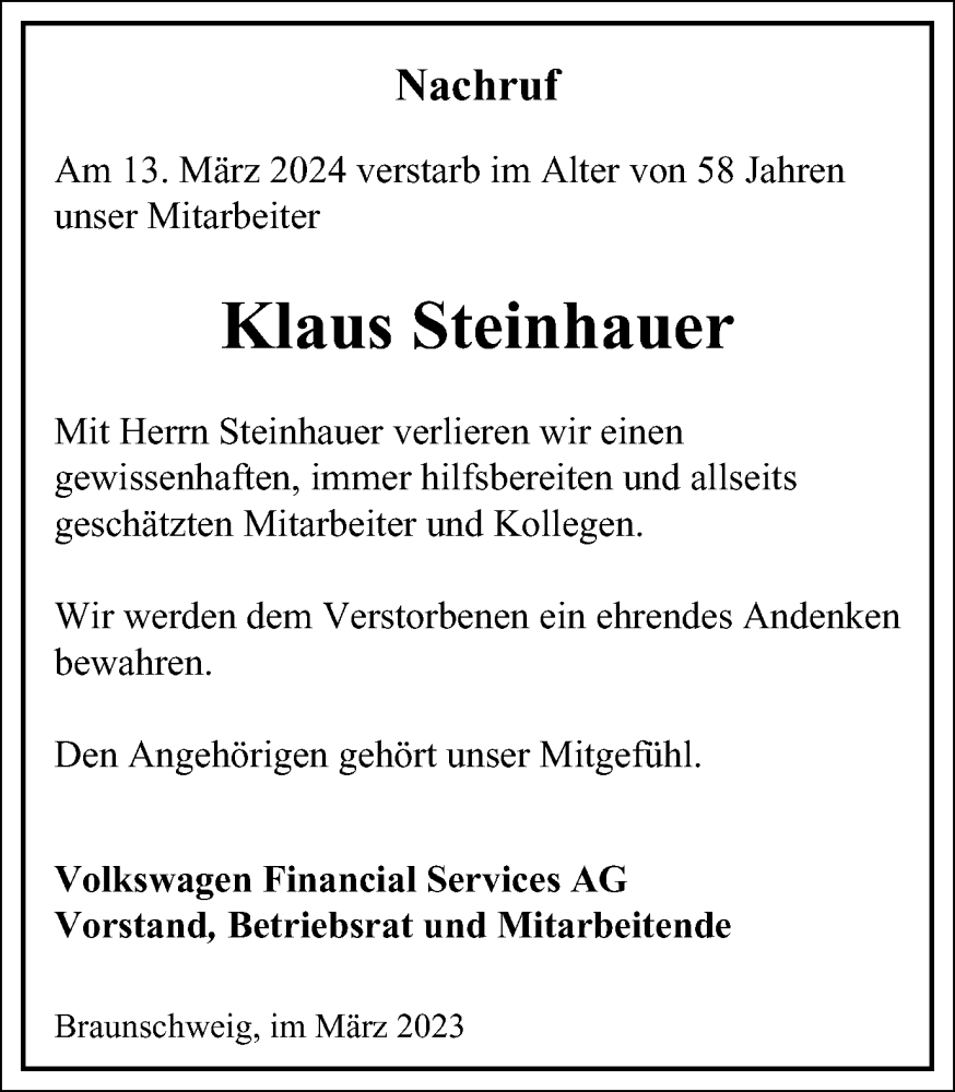  Traueranzeige für Klaus Steinhauer vom 22.03.2024 aus Braunschweiger Zeitung