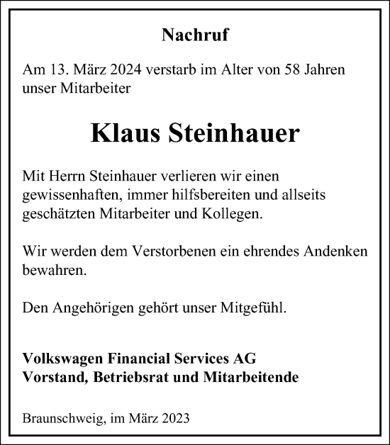 Traueranzeige von Klaus Steinhauer von Braunschweiger Zeitung