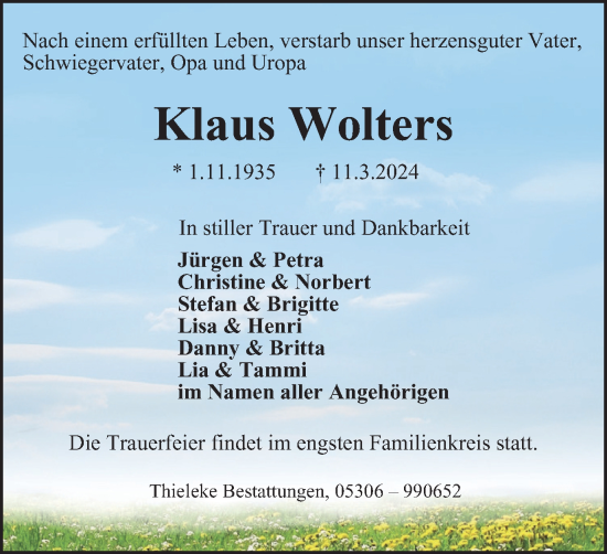 Traueranzeige von Klaus Wolters von Wolfenbütteler Zeitung