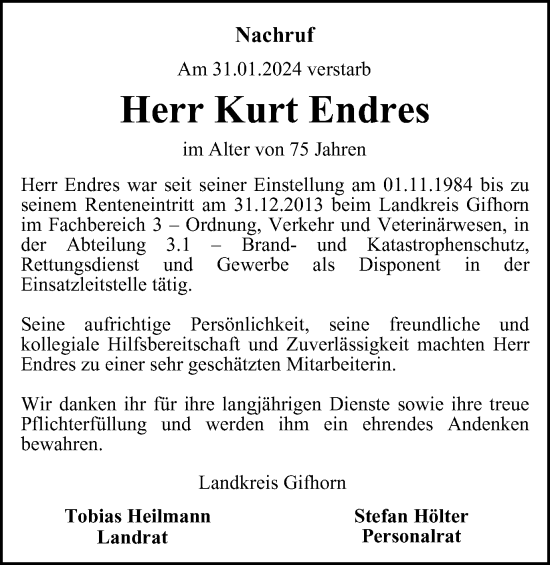 Traueranzeige von Kurt Endres von Wolfsburger Nachrichten