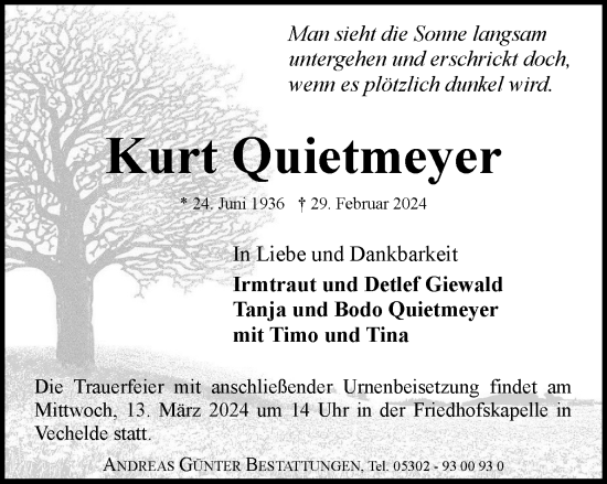 Traueranzeige von Kurt Quietmeyer von Braunschweiger Zeitung