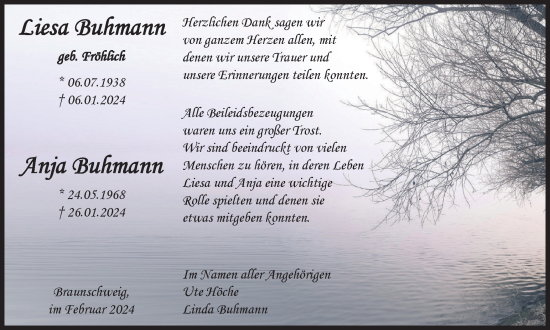 Traueranzeige von Liesa und Anja Buhmann von Braunschweiger Zeitung