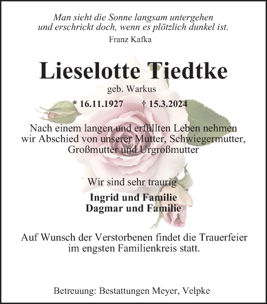 Traueranzeige von Lieselotte Tiedtke von Helmstedter Nachrichten