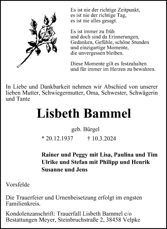 Traueranzeige von Lisbeth Bammel von Wolfsburger Nachrichten