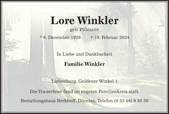 Traueranzeige von Lore Winkler von Wolfenbütteler Zeitung