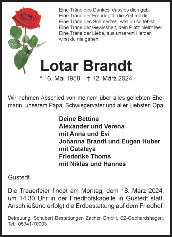 Traueranzeige von Lotar Brandt von Salzgitter-Zeitung