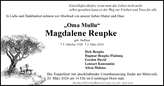 Traueranzeige von Magdalene Reupke von Braunschweiger Zeitung