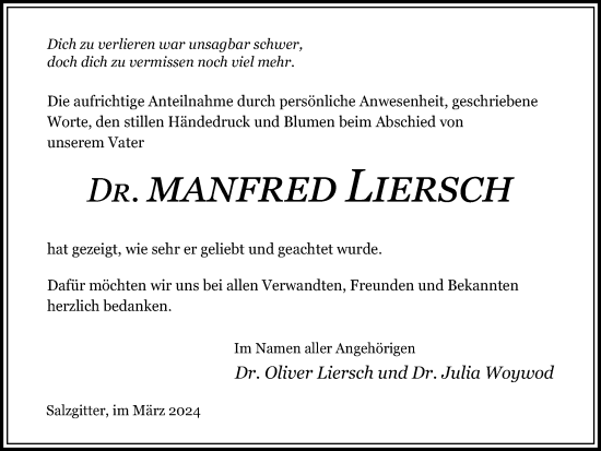 Traueranzeige von Manfred Liersch von Salzgitter-Zeitung
